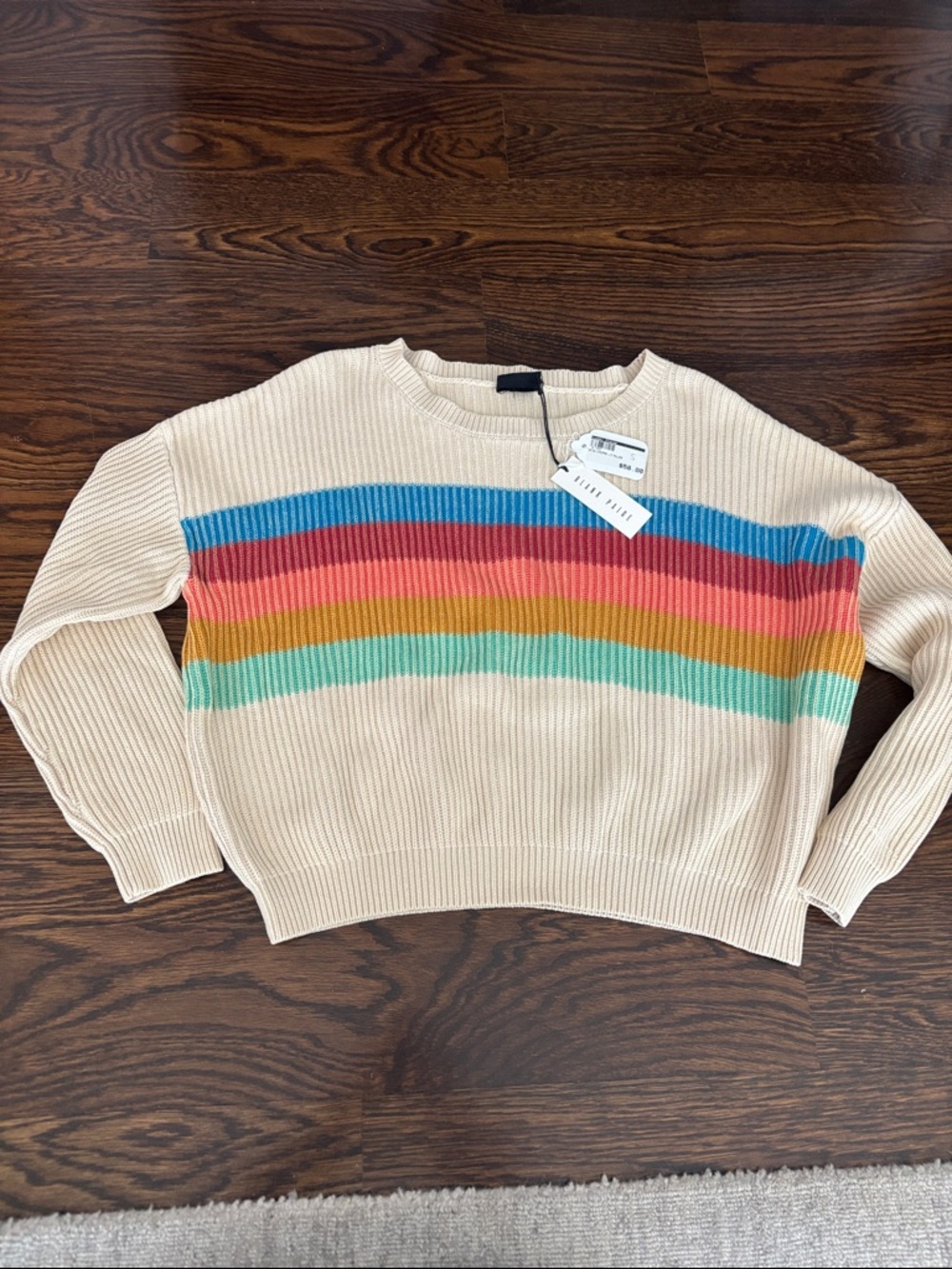 Blank Paige Crewneck Sweater with Multicolor Stripe Detail - Cream